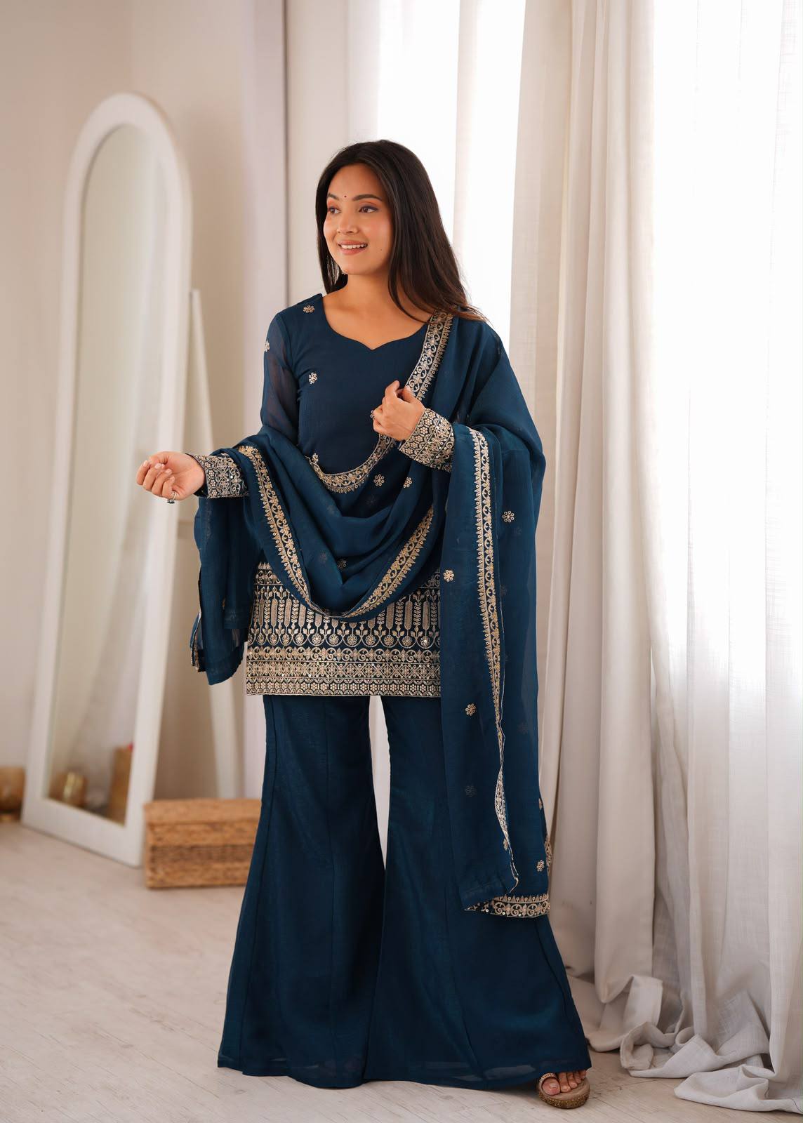 TEAL BLUE CRNUCHY SILK EBROIDERED KURTA BELL BOTTAM