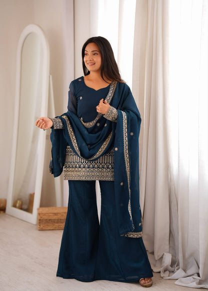 TEAL BLUE CRNUCHY SILK EBROIDERED KURTA BELL BOTTAM
