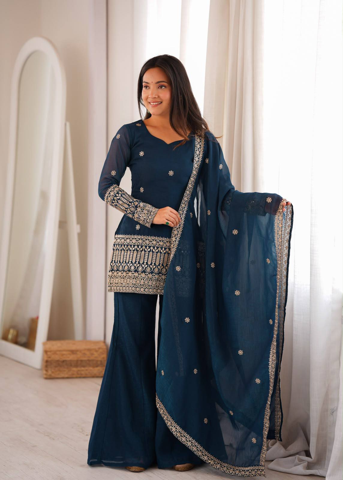 TEAL BLUE CRNUCHY SILK EBROIDERED KURTA BELL BOTTAM