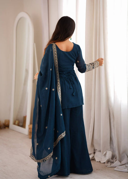 TEAL BLUE CRNUCHY SILK EBROIDERED KURTA BELL BOTTAM