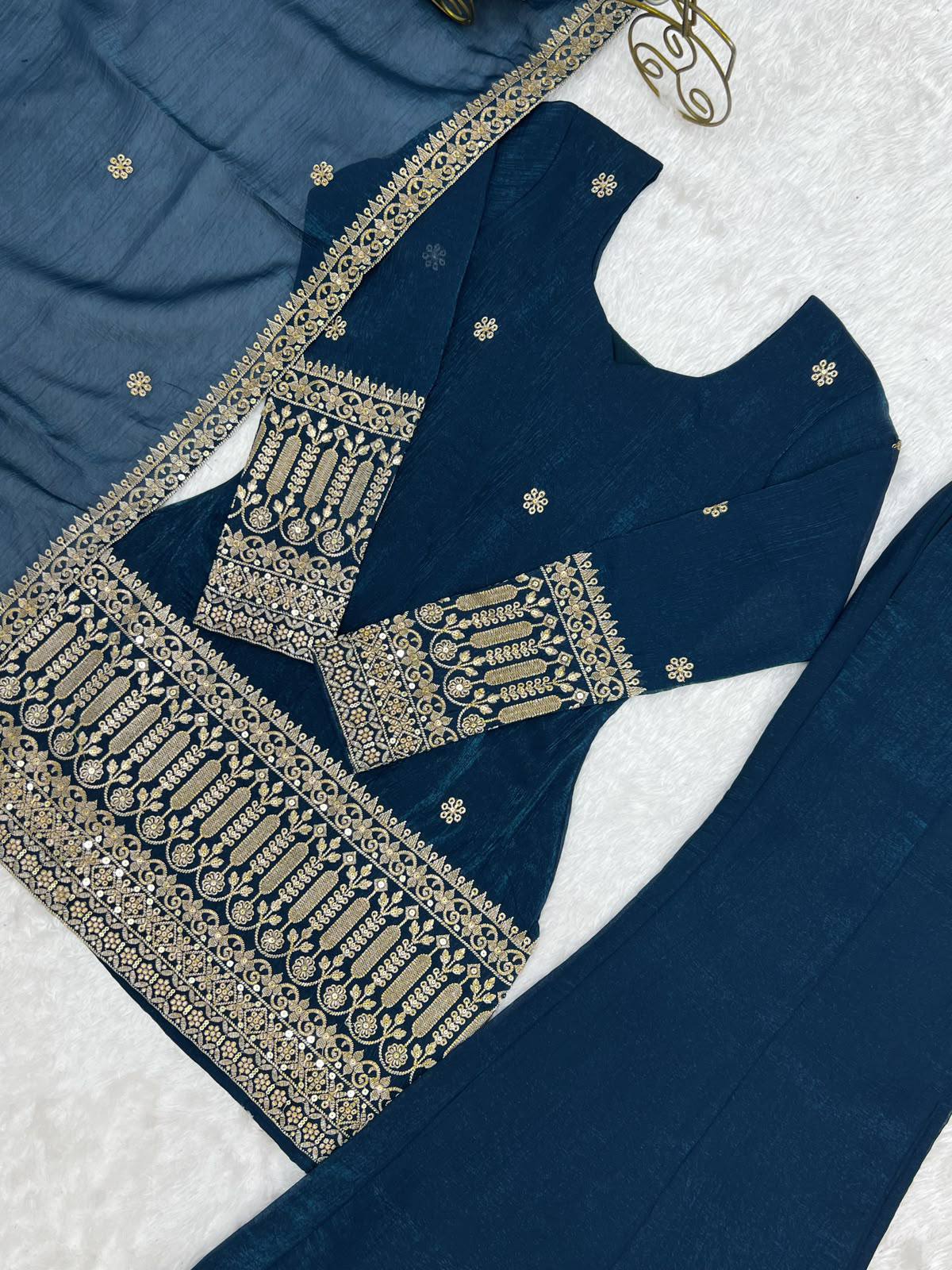 TEAL BLUE CRNUCHY SILK EBROIDERED KURTA BELL BOTTAM
