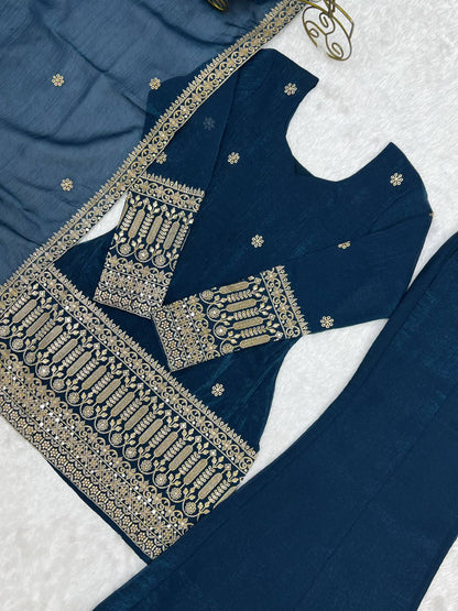 TEAL BLUE CRNUCHY SILK EBROIDERED KURTA BELL BOTTAM