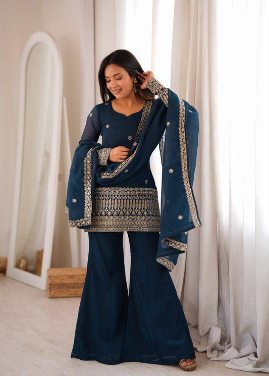 TEAL BLUE CRNUCHY SILK EBROIDERED KURTA BELL BOTTAM